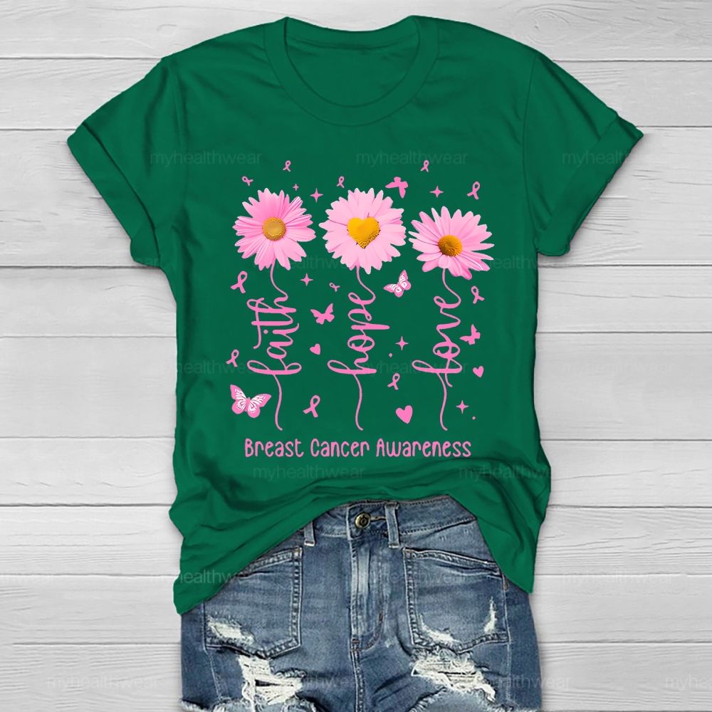Faith Hope Love Breast Cancer Awareness Flowers Butterflies Hearts Healthwear T-shirt