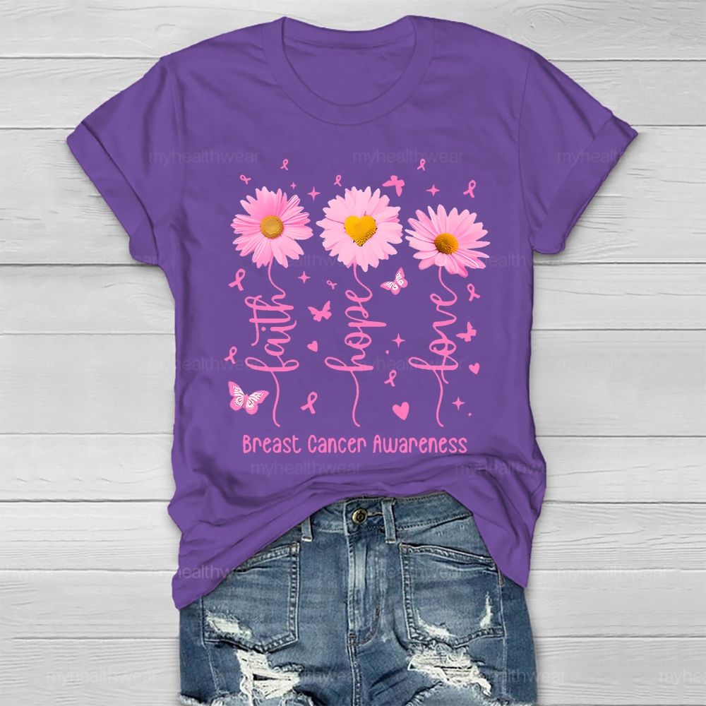Faith Hope Love Breast Cancer Awareness Flowers Butterflies Hearts Healthwear T-shirt