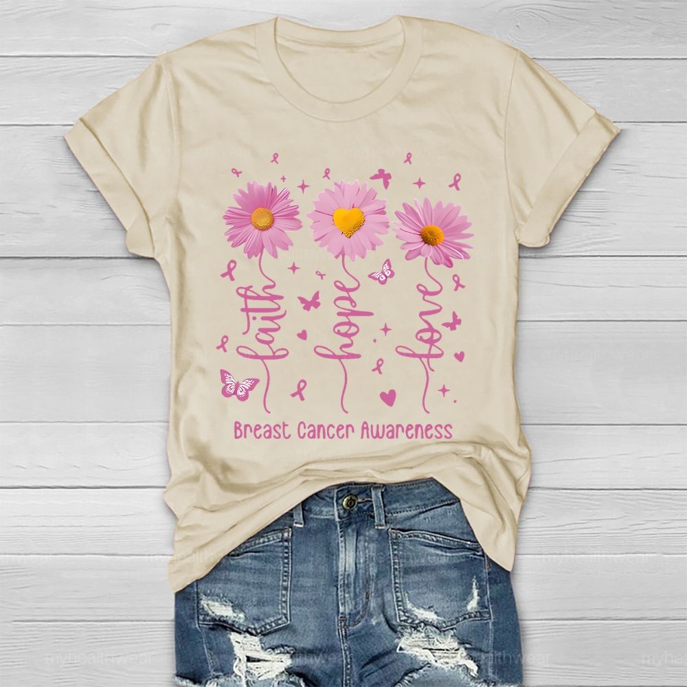 Faith Hope Love Breast Cancer Awareness Flowers Butterflies Hearts Healthwear T-shirt