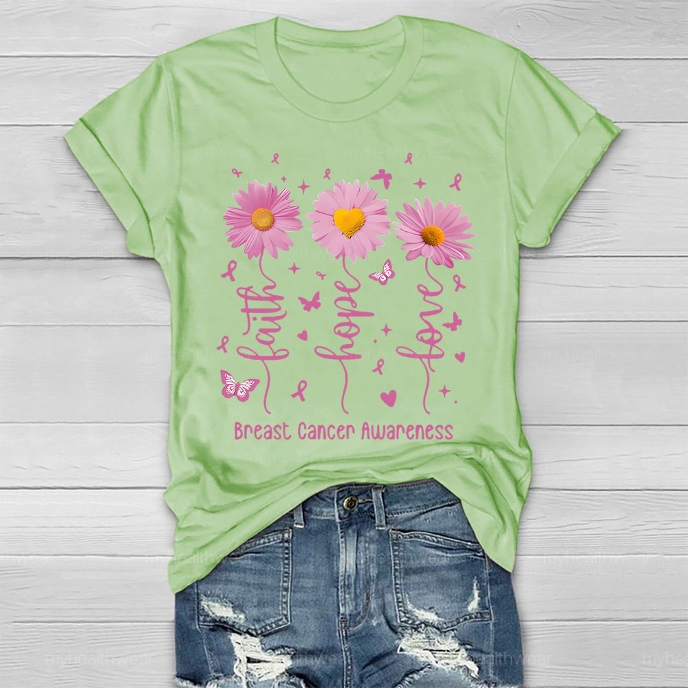Faith Hope Love Breast Cancer Awareness Flowers Butterflies Hearts Healthwear T-shirt