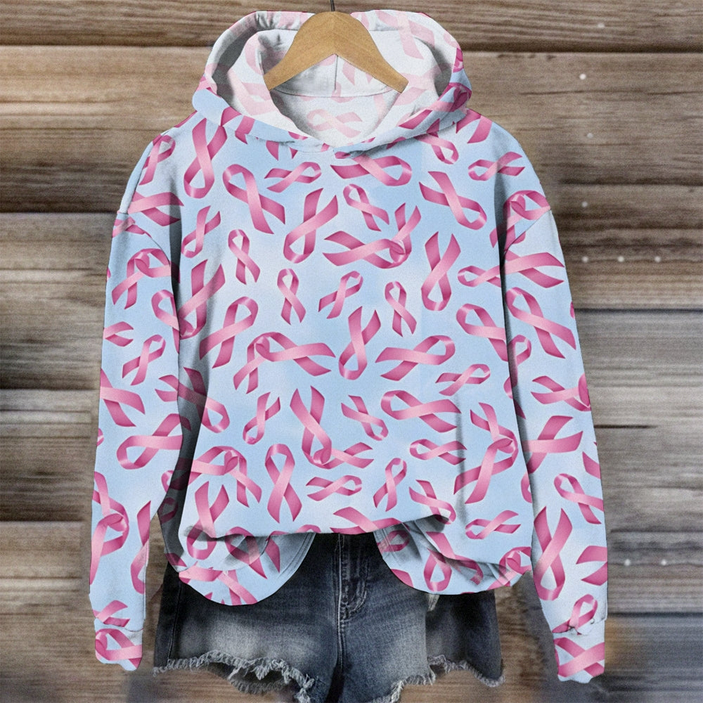 Blue Background With Pink Ribbon Print Hoodie
