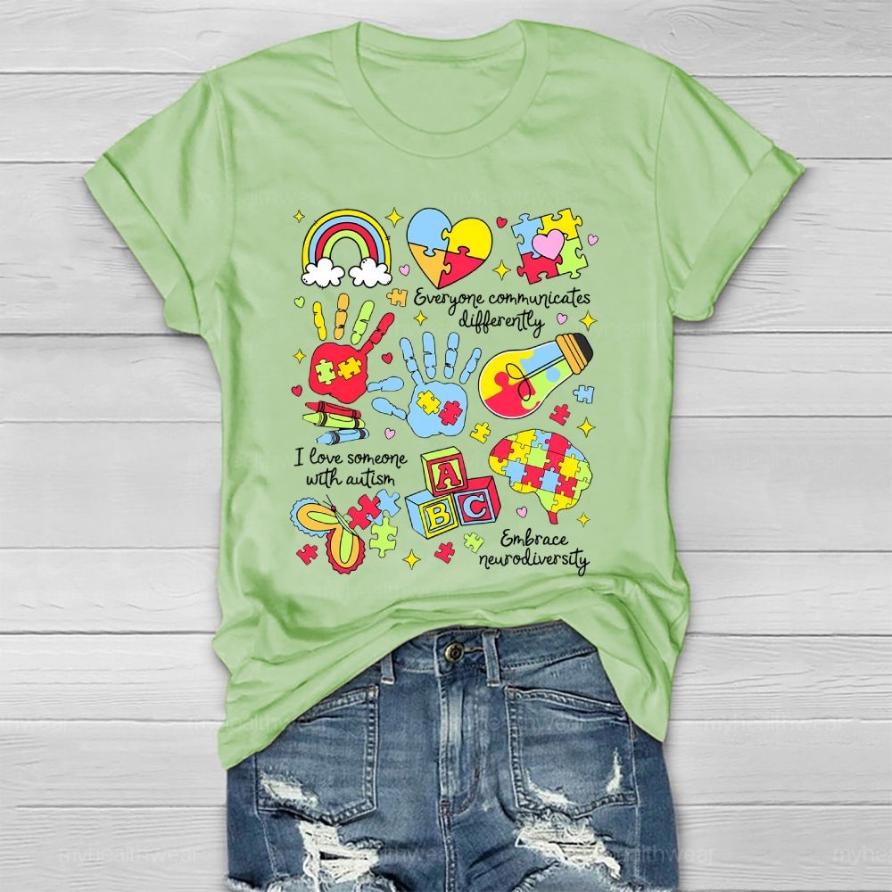 Everyone Communicate Differently Heart Autism Awareness Healthwear T-shirt