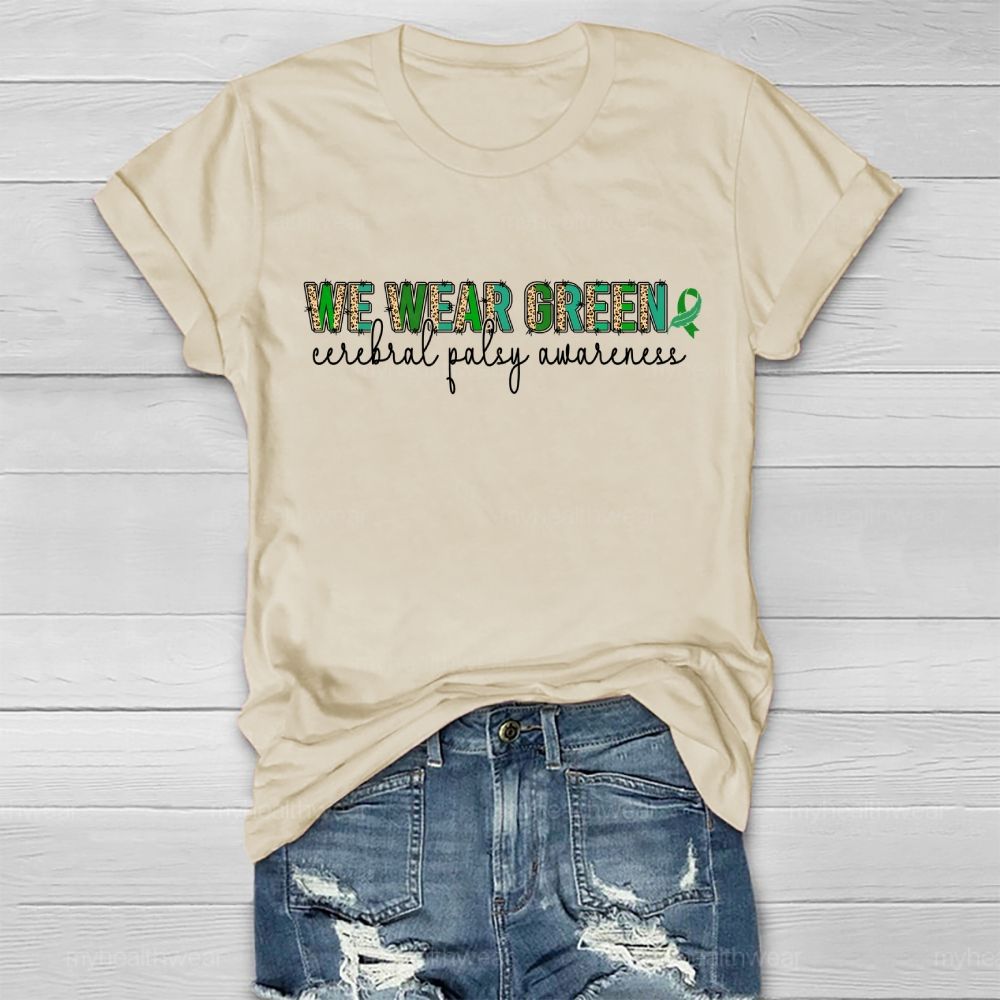 We Wear Green Cerebral Palsy Awareness Green Ribbon Leopard Print Healthwear T-shirt