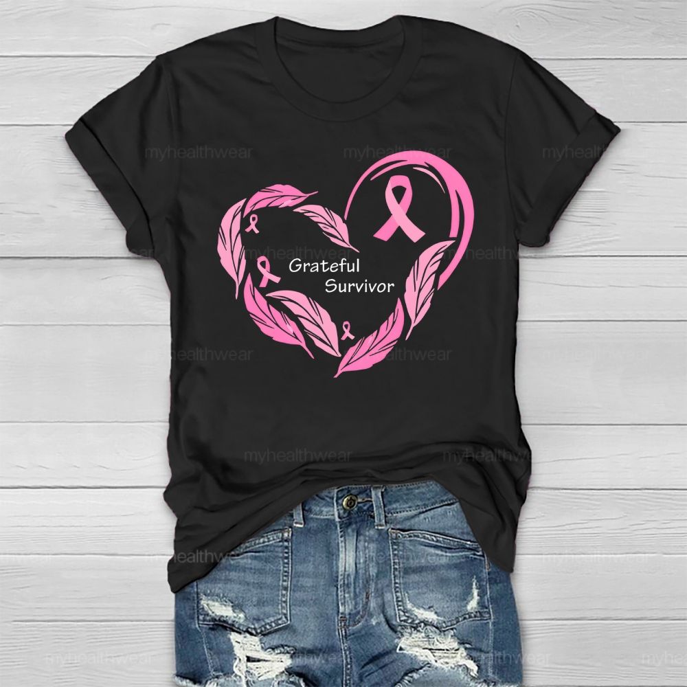 Grateful Survivor Feather Pink Ribbon Healthwear T-shirt