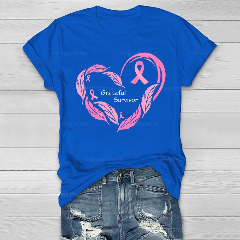 Grateful Survivor Feather Pink Ribbon Healthwear T-shirt