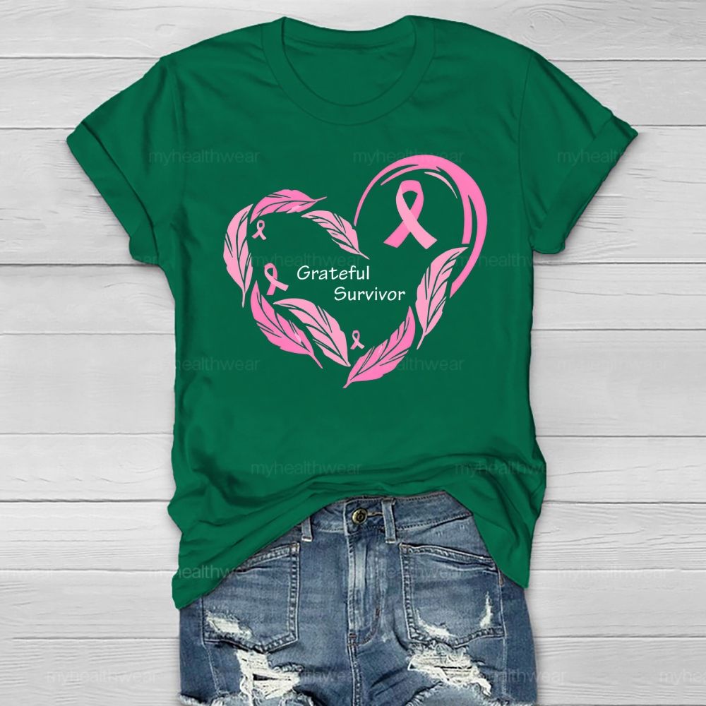 Grateful Survivor Feather Pink Ribbon Healthwear T-shirt