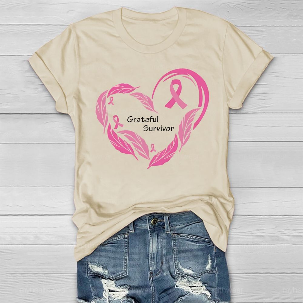 Grateful Survivor Feather Pink Ribbon Healthwear T-shirt