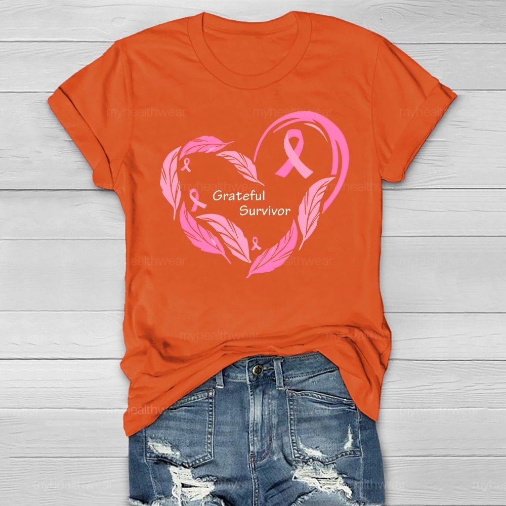 Grateful Survivor Feather Pink Ribbon Healthwear T-shirt