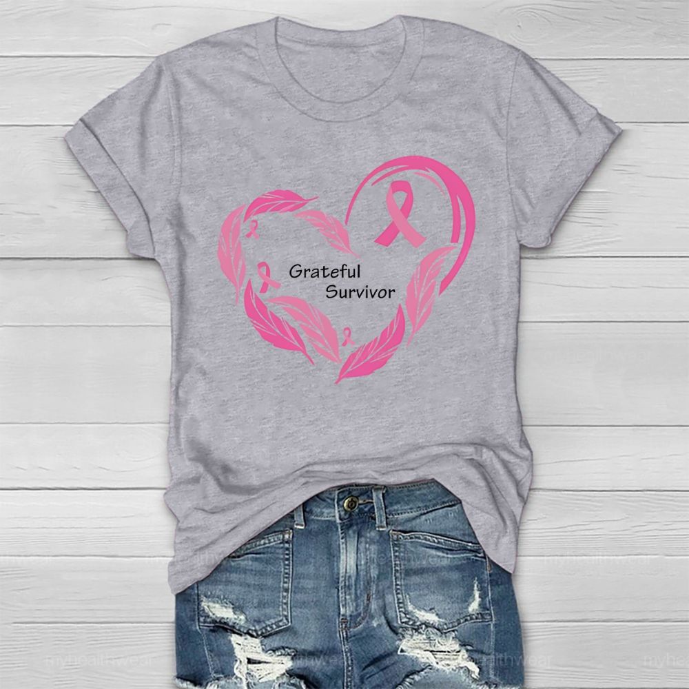 Grateful Survivor Feather Pink Ribbon Healthwear T-shirt