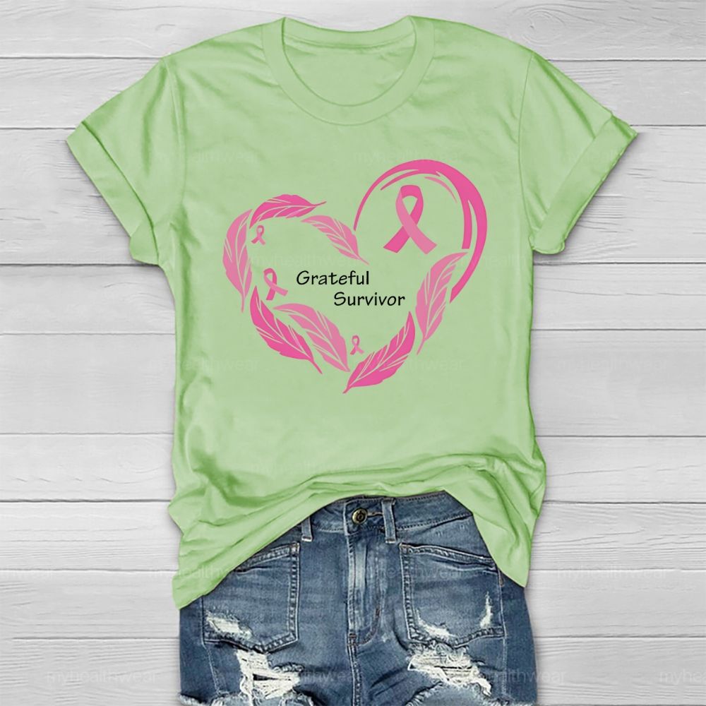 Grateful Survivor Feather Pink Ribbon Healthwear T-shirt