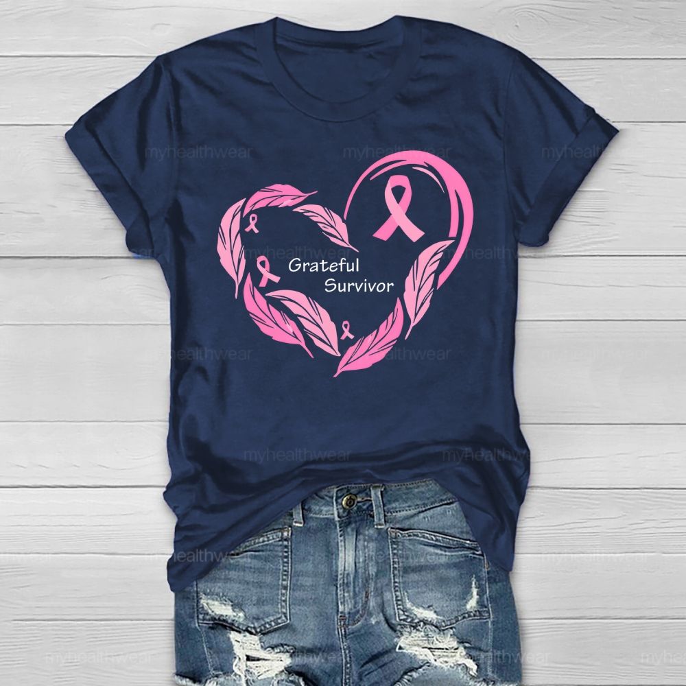 Grateful Survivor Feather Pink Ribbon Healthwear T-shirt