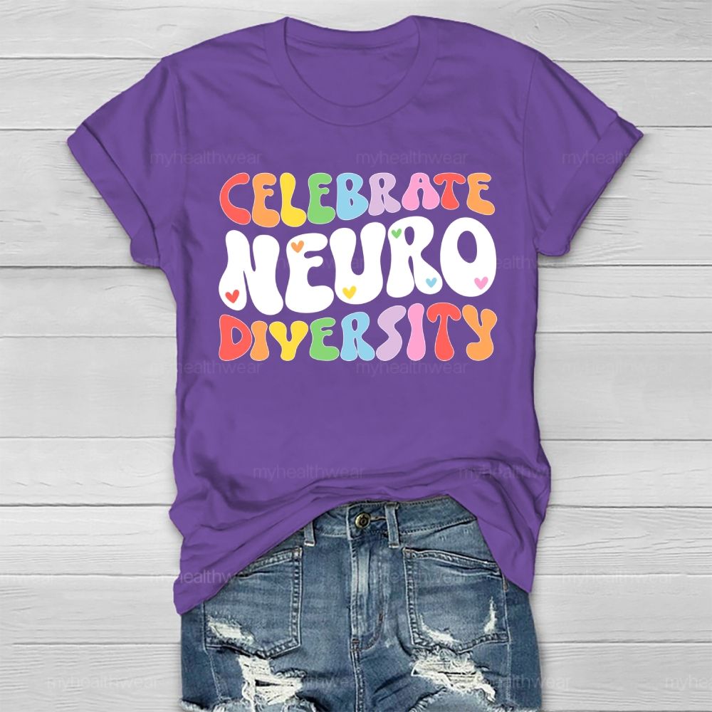 Celebrate Neurodiversity Colorful Letters Healthwear T-shirt