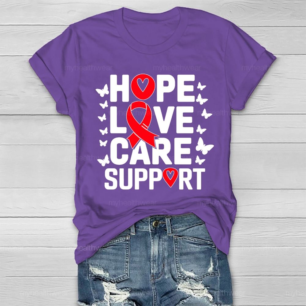 Hope Love Care Support Red Ribbon Healthwear T-shirt