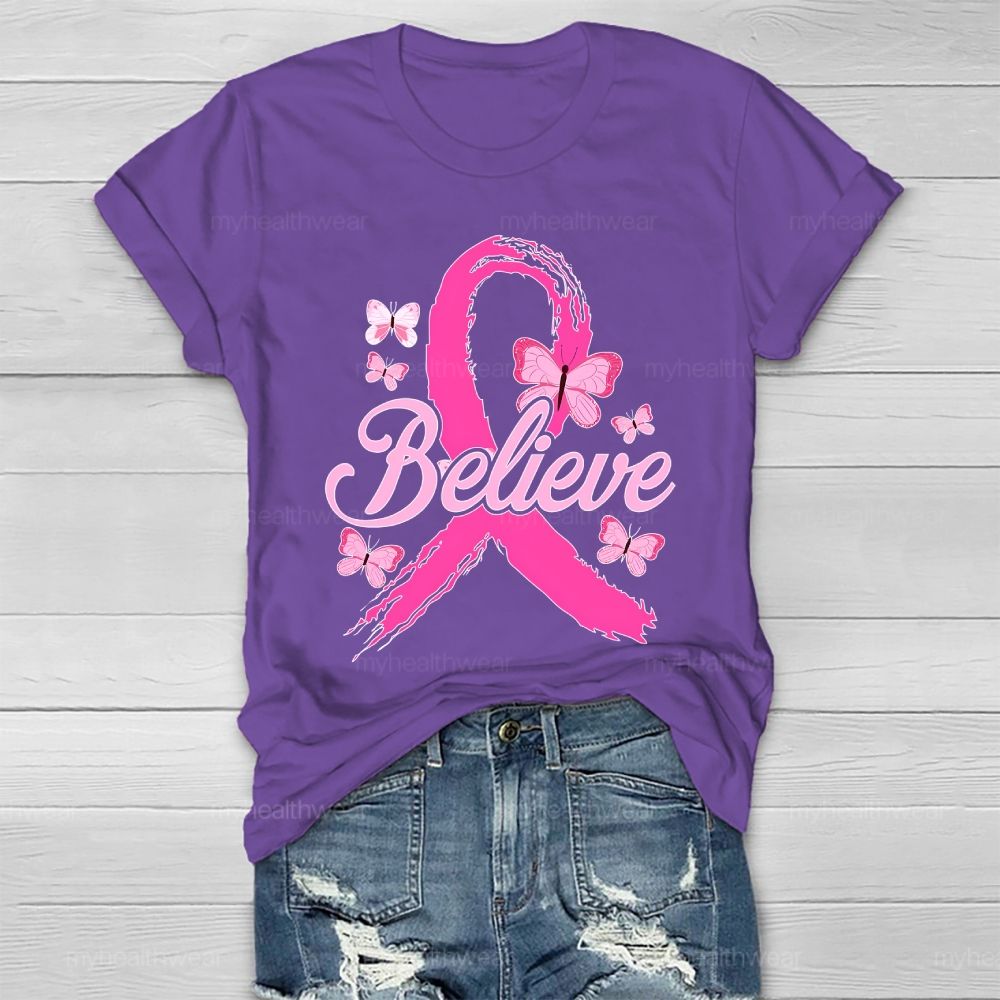 Believe Pink Ribbon Butterfly Healthwear T-shirt
