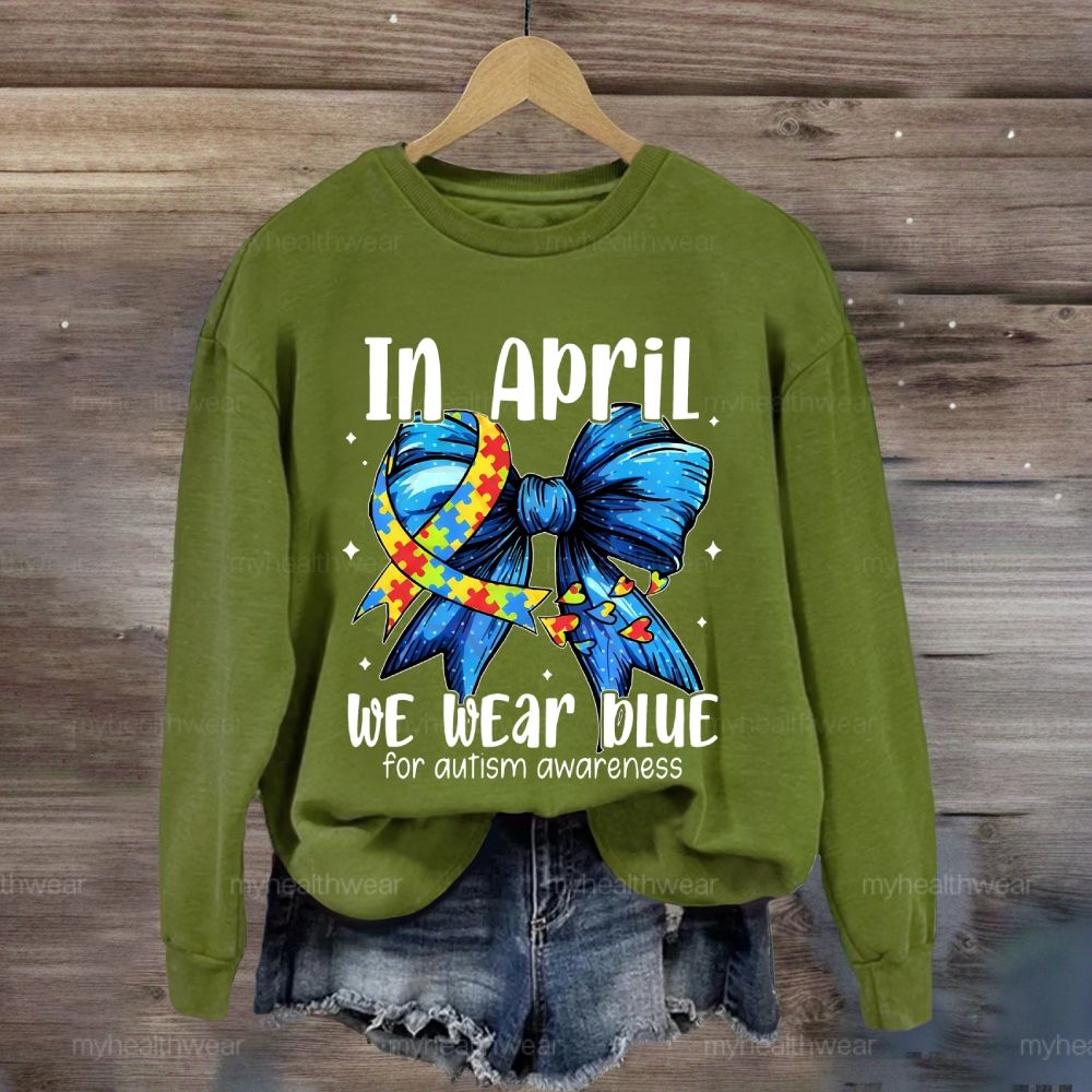 In April We Wear Blue For Autism Awareness Butterfly Puzzle Heart Sweatshirt