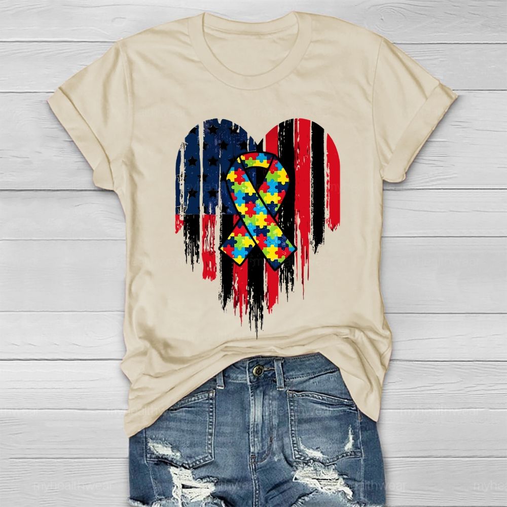 Puzzle Ribbon Flag Heart Healthwear T-shirt