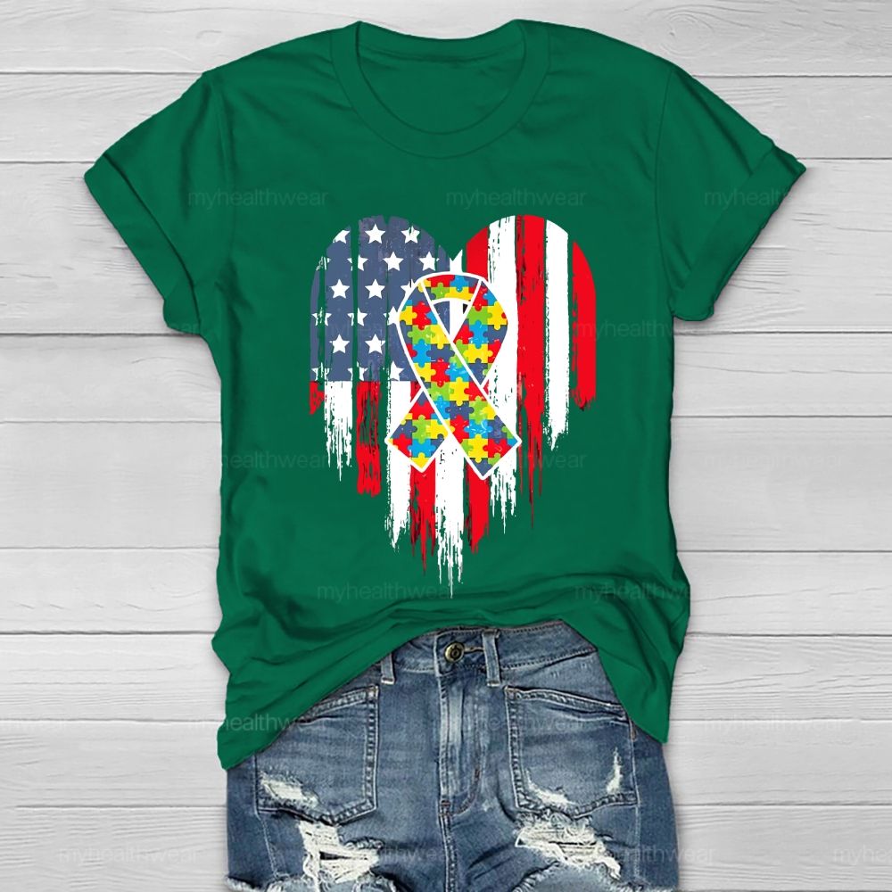 Puzzle Ribbon Flag Heart Healthwear T-shirt