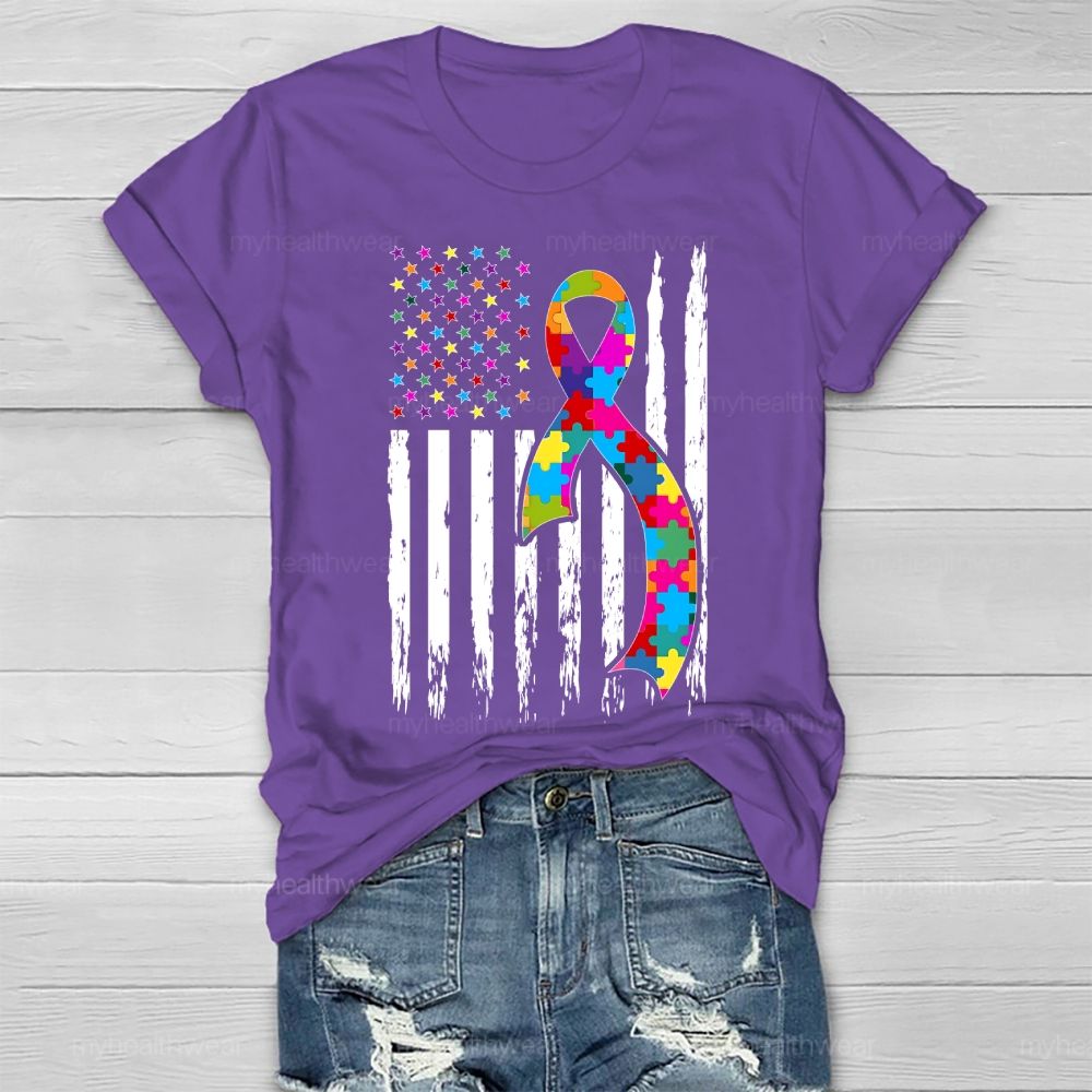 Autism Puzzle Piece Ribbon Flag Healthwear T-shirt