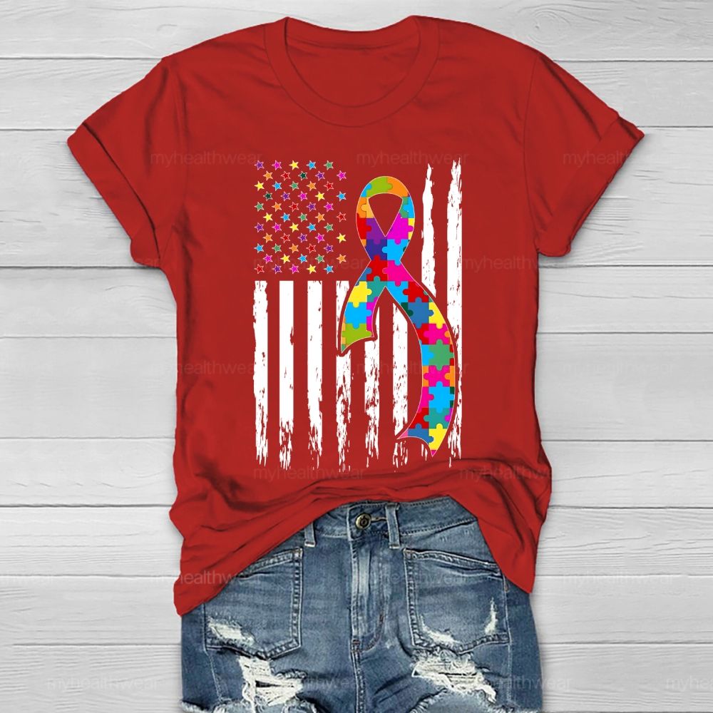 Autism Puzzle Piece Ribbon Flag Healthwear T-shirt