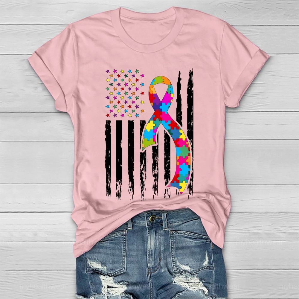 Autism Puzzle Piece Ribbon Flag Healthwear T-shirt