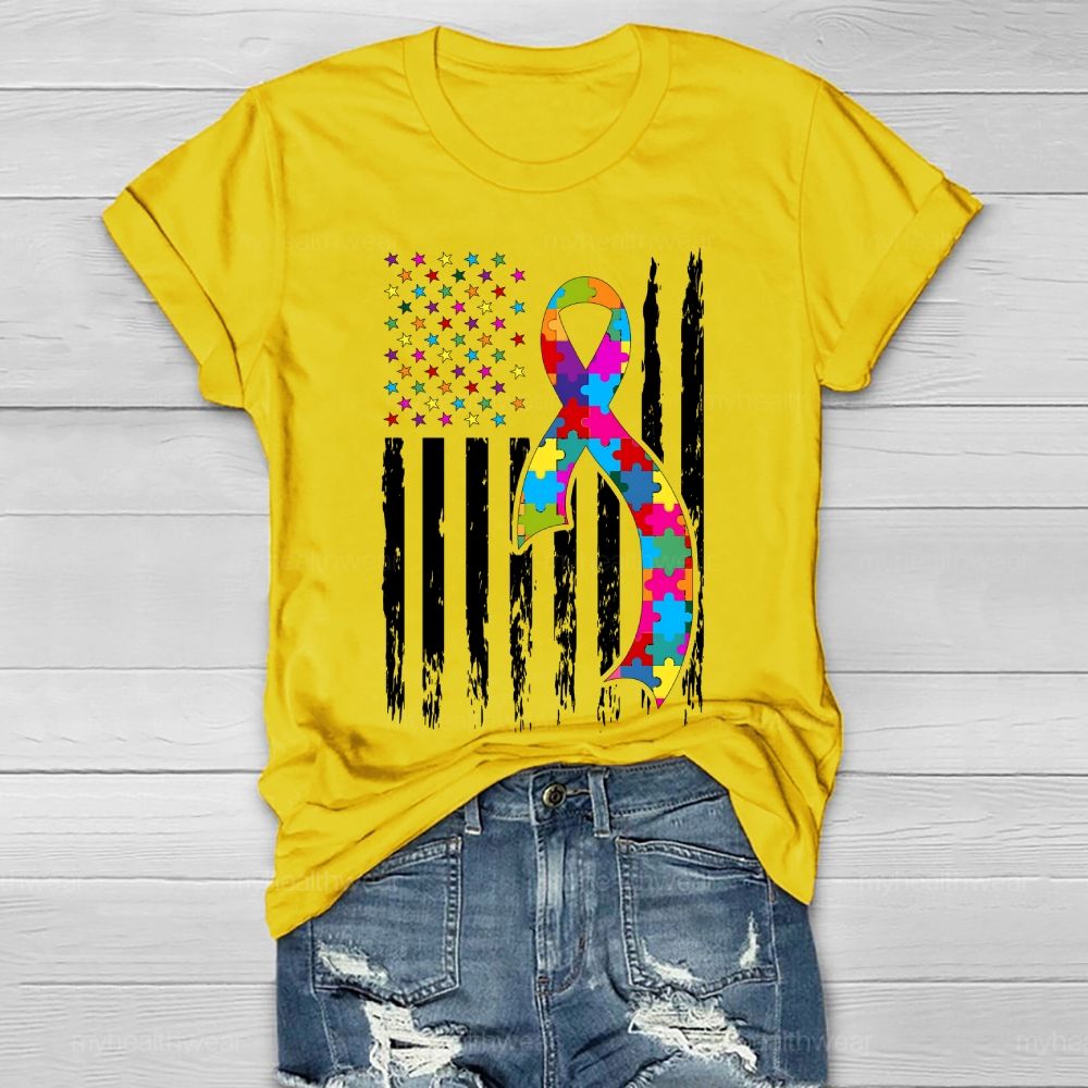 Autism Puzzle Piece Ribbon Flag Healthwear T-shirt