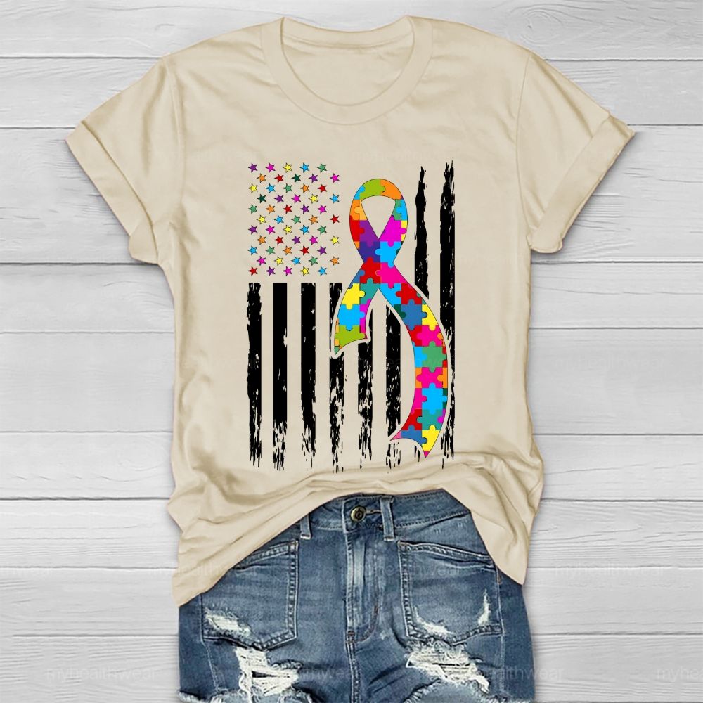 Autism Puzzle Piece Ribbon Flag Healthwear T-shirt
