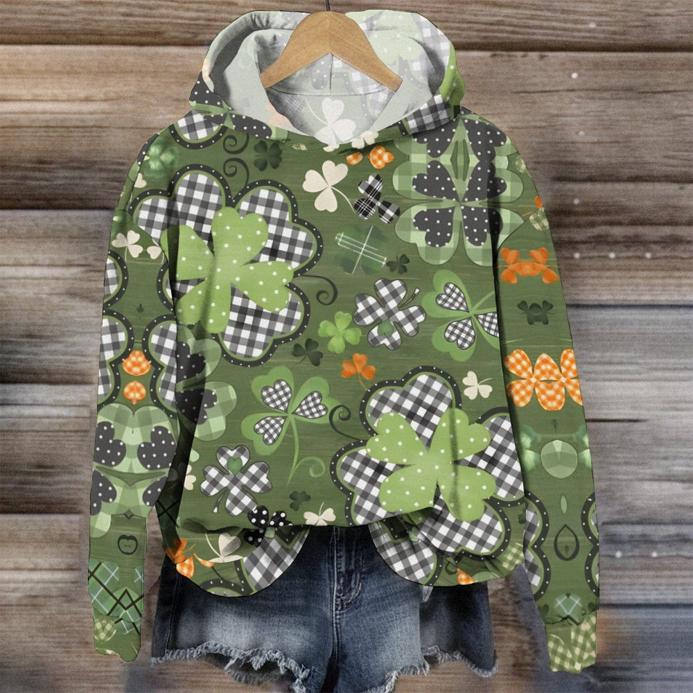 Retro Four-Leaf Clover Print Hoodie
