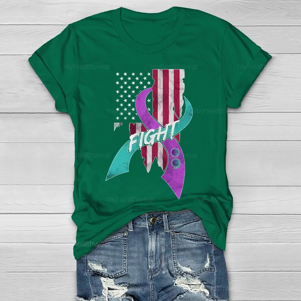 Fight Teal And Purple Ribbons Flag Healthwear T-shirt