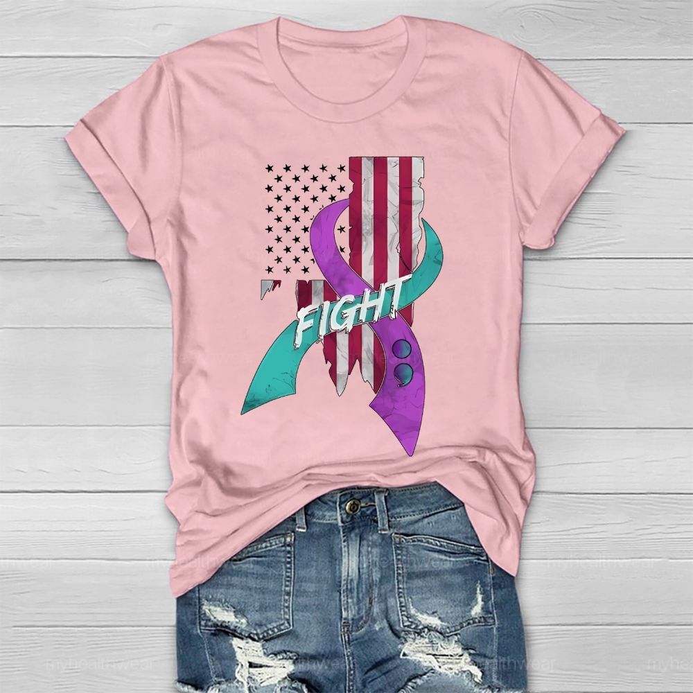 Fight Teal And Purple Ribbons Flag Healthwear T-shirt