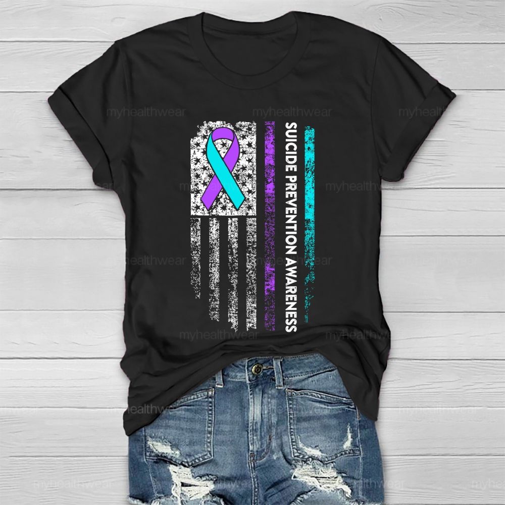 Suicide Prevention Awareness Teal Purple Ribbon Flag Healthwear T-shirt
