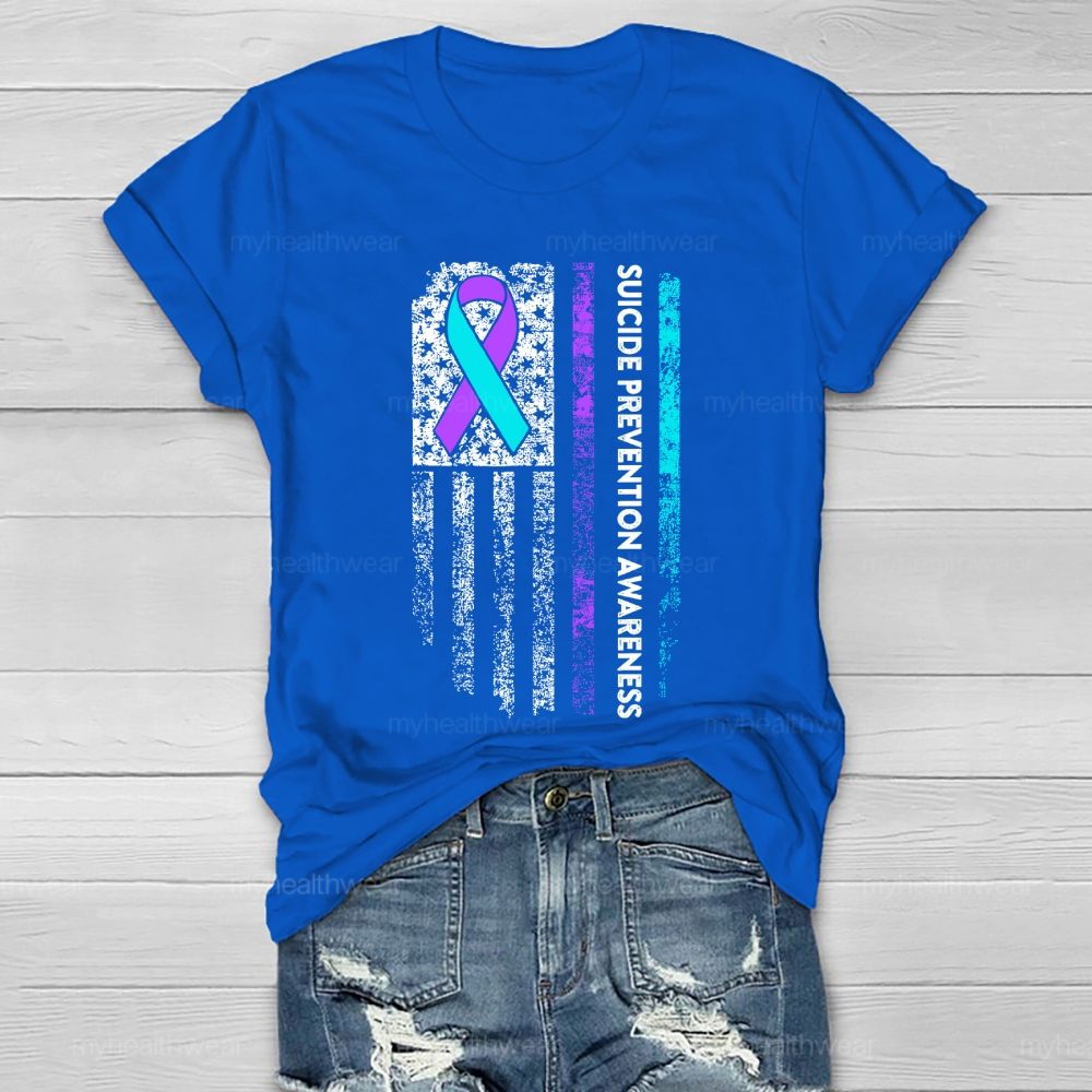 Suicide Prevention Awareness Teal Purple Ribbon Flag Healthwear T-shirt