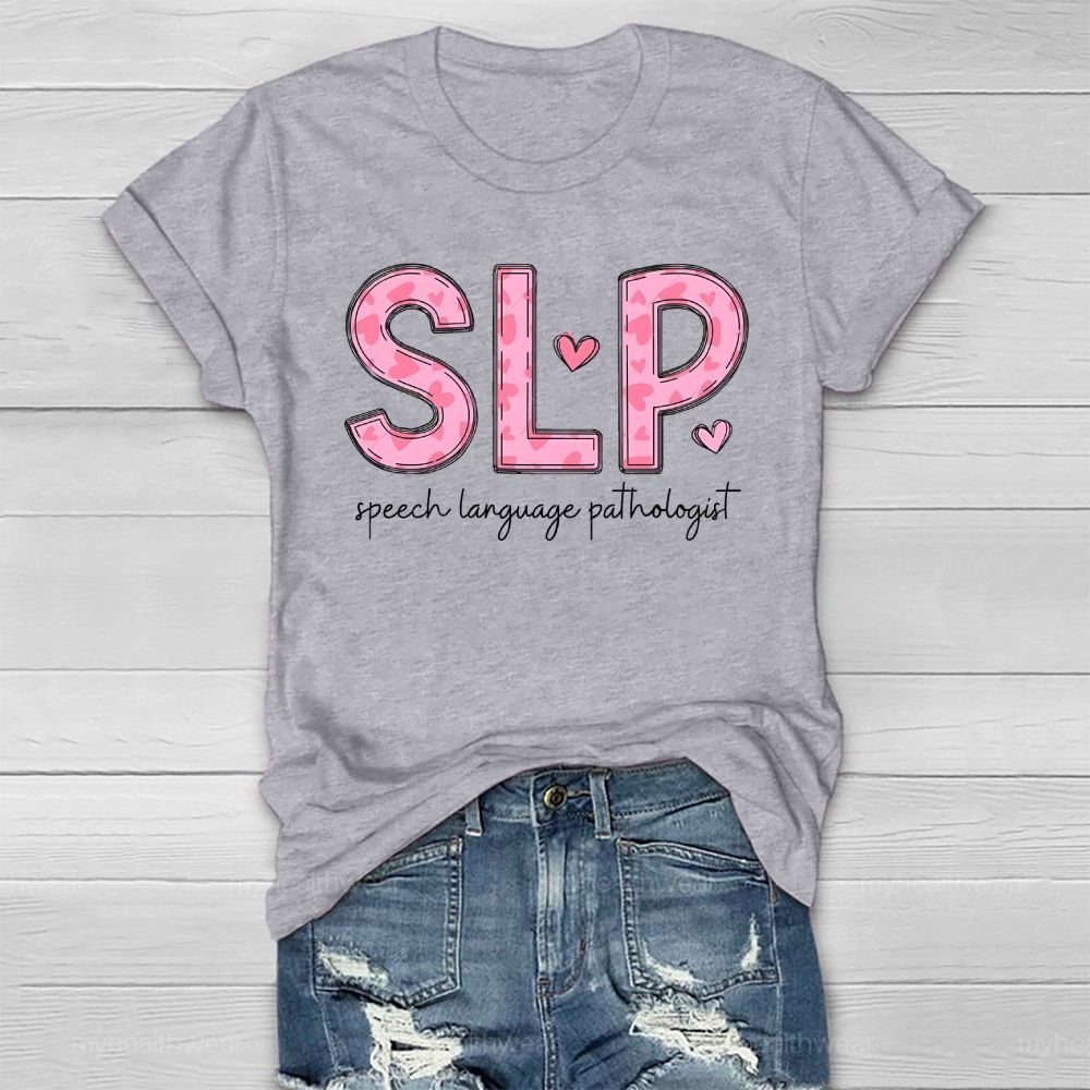 Slp Speech Language Therapist Pink Heart Letters Healthwear T-shirt
