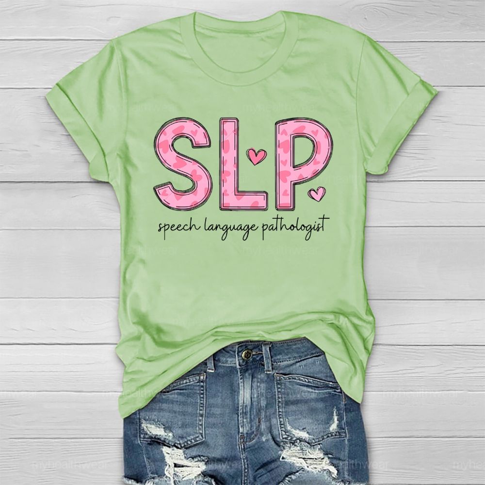 Slp Speech Language Therapist Pink Heart Letters Healthwear T-shirt