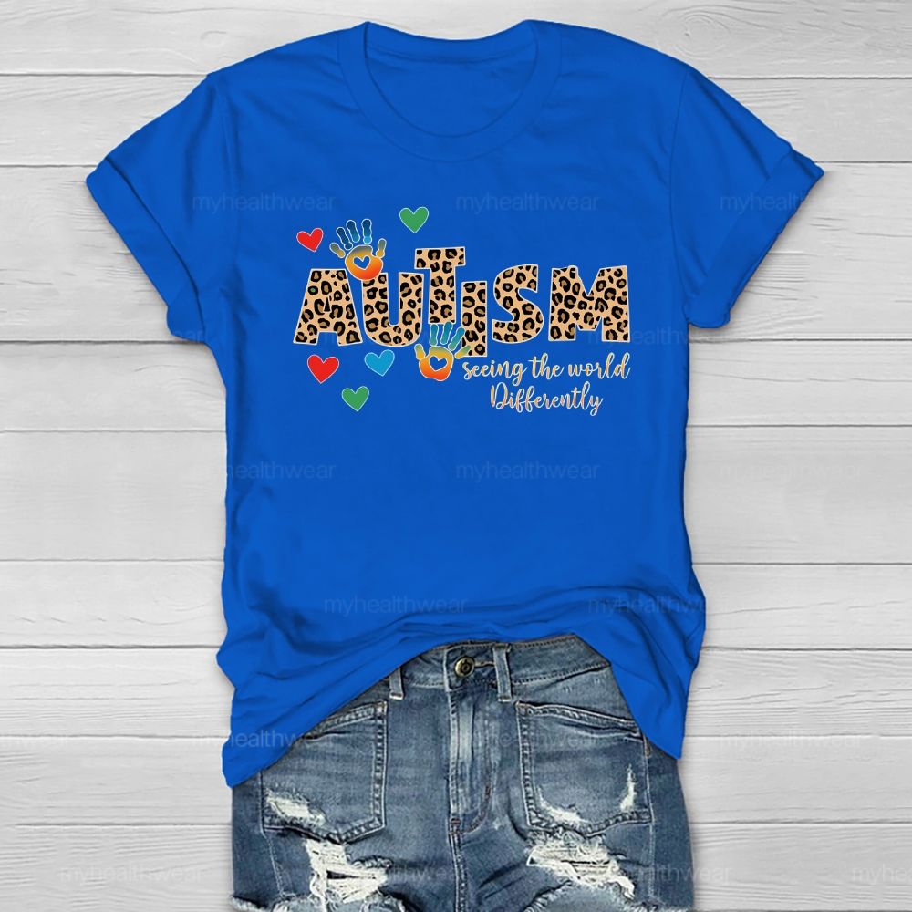 Autism Seeing The World Differently Leopard Print Letters Handprint Healthwear T-shirt