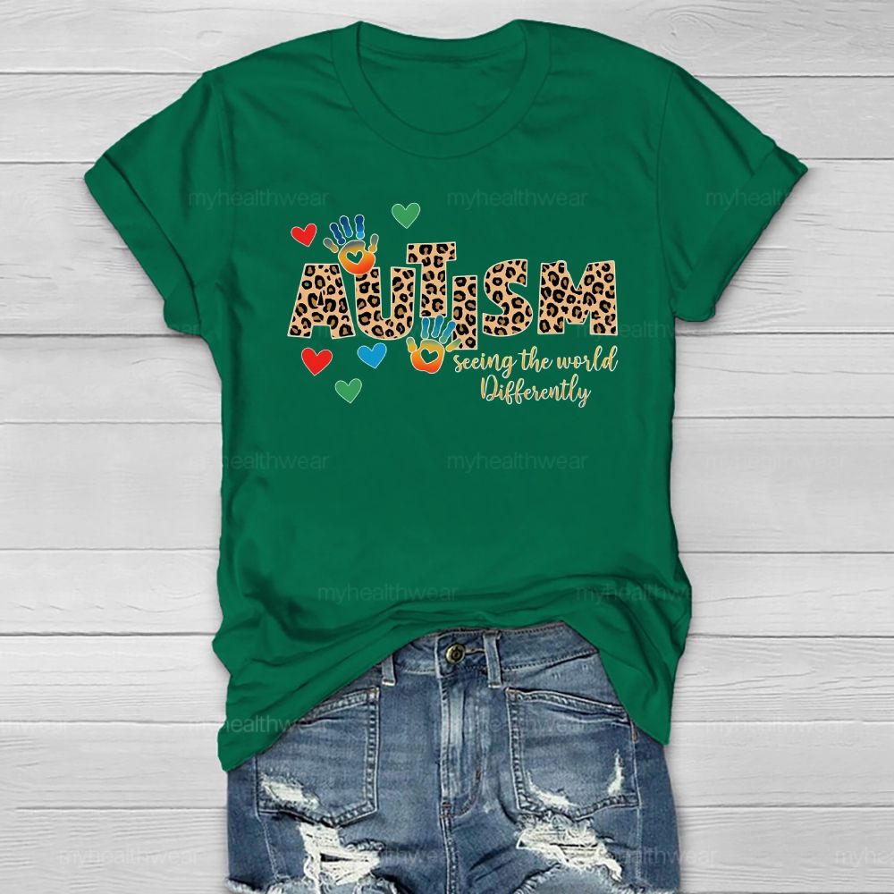 Autism Seeing The World Differently Leopard Print Letters Handprint Healthwear T-shirt