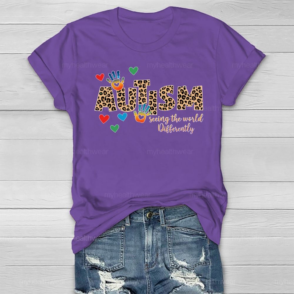 Autism Seeing The World Differently Leopard Print Letters Handprint Healthwear T-shirt