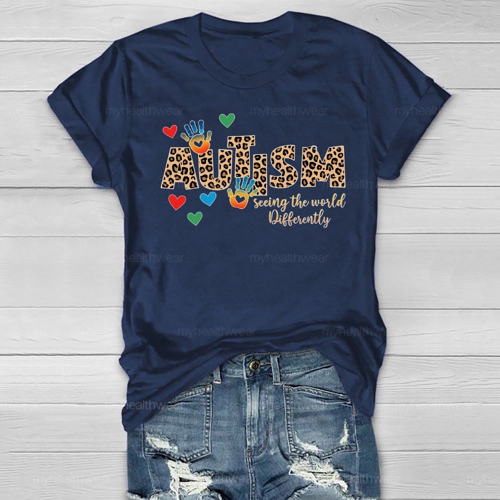 Autism Seeing The World Differently Leopard Print Letters Handprint Healthwear T-shirt