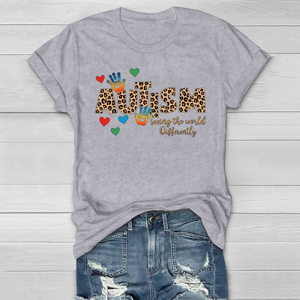 Autism Seeing The World Differently Leopard Print Letters Handprint Healthwear T-shirt