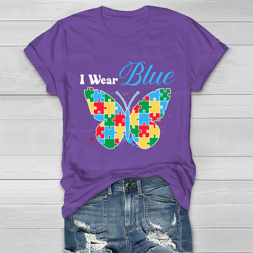 I Wear Blue Autism Puzzle Butterfly Healthwear T-shirt