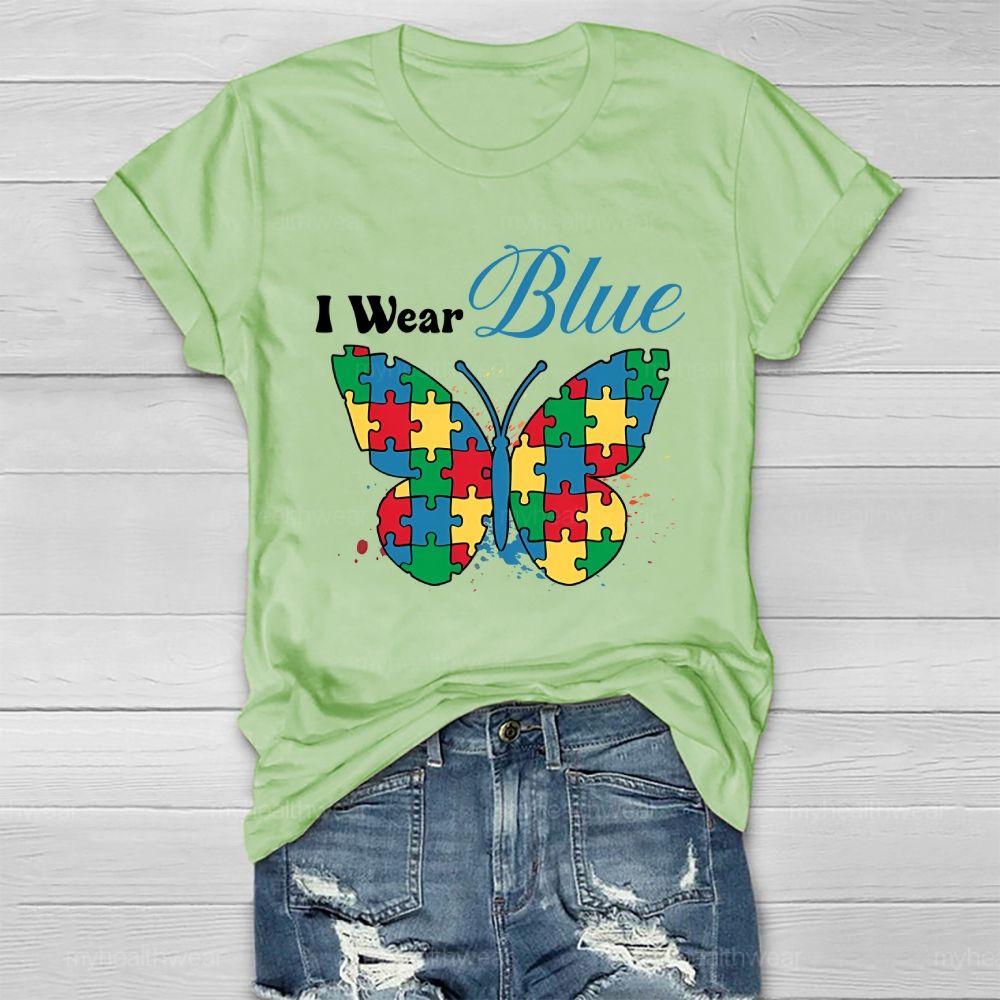 I Wear Blue Autism Puzzle Butterfly Healthwear T-shirt