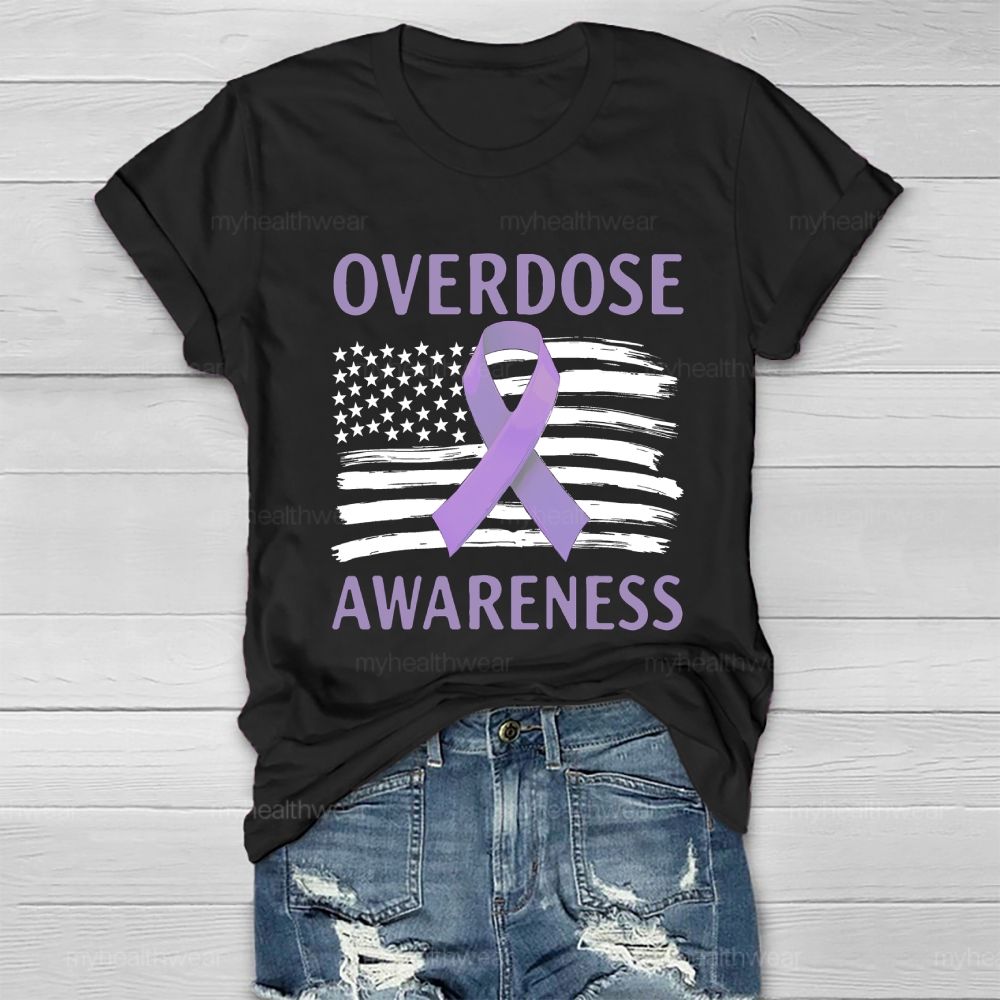 Overdose Awareness Purple Ribbon Flag Healthwear T-shirt