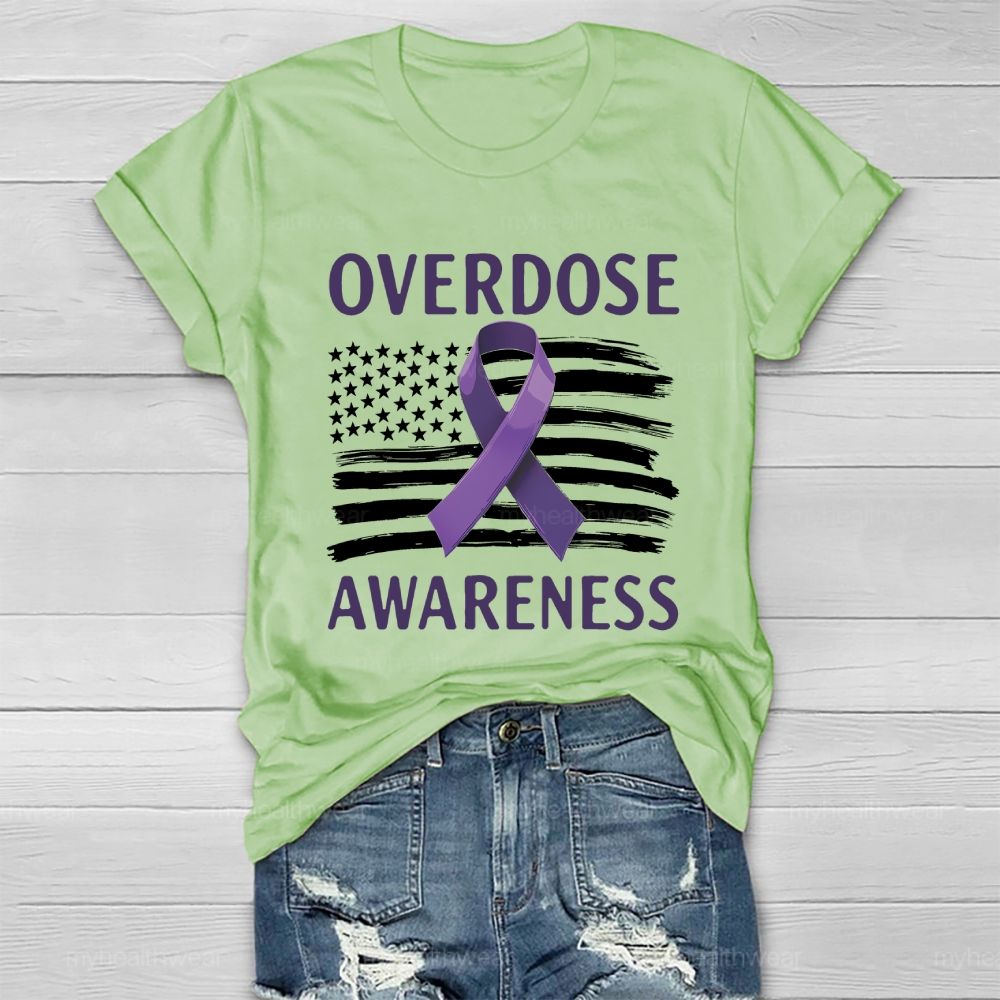 Overdose Awareness Purple Ribbon Flag Healthwear T-shirt