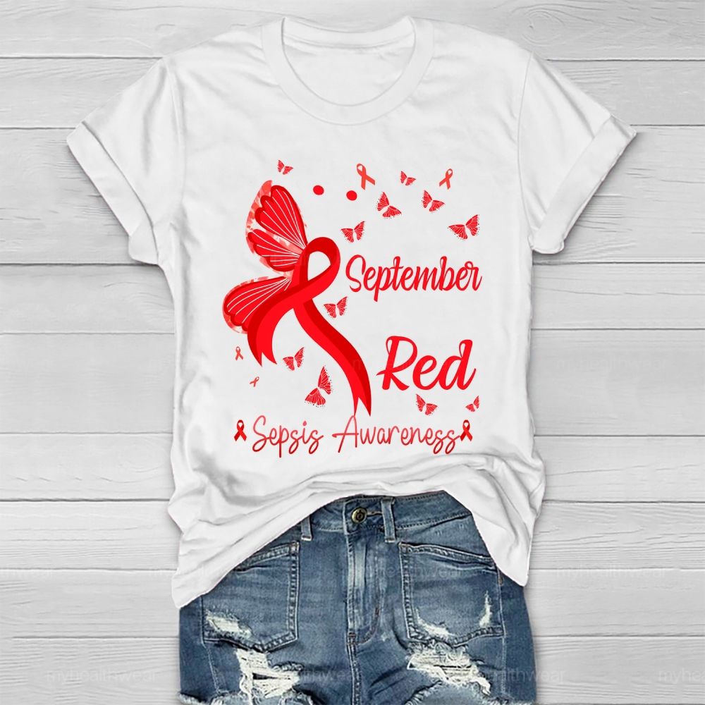 September Red Sepsis Awareness Butterfly Healthwear T-shirt
