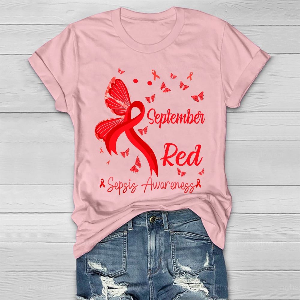September Red Sepsis Awareness Butterfly Healthwear T-shirt