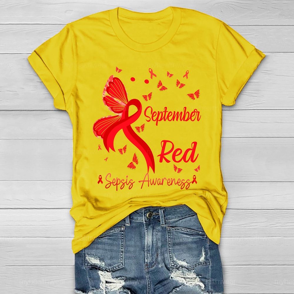 September Red Sepsis Awareness Butterfly Healthwear T-shirt