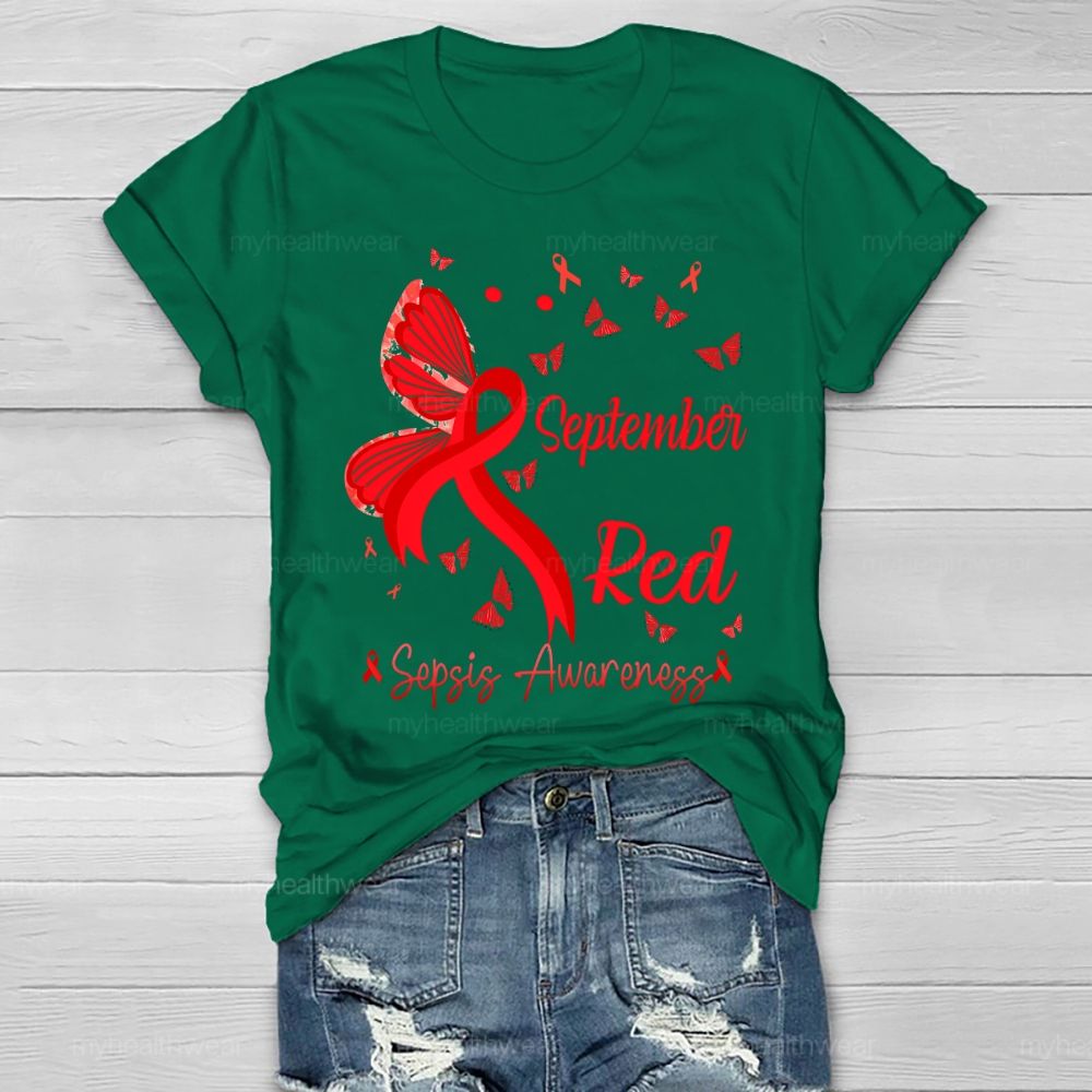September Red Sepsis Awareness Butterfly Healthwear T-shirt