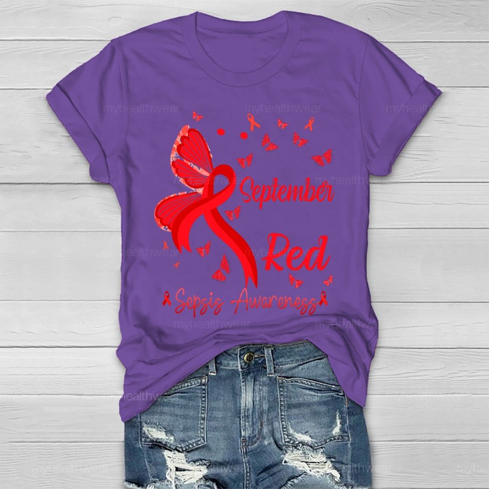 September Red Sepsis Awareness Butterfly Healthwear T-shirt