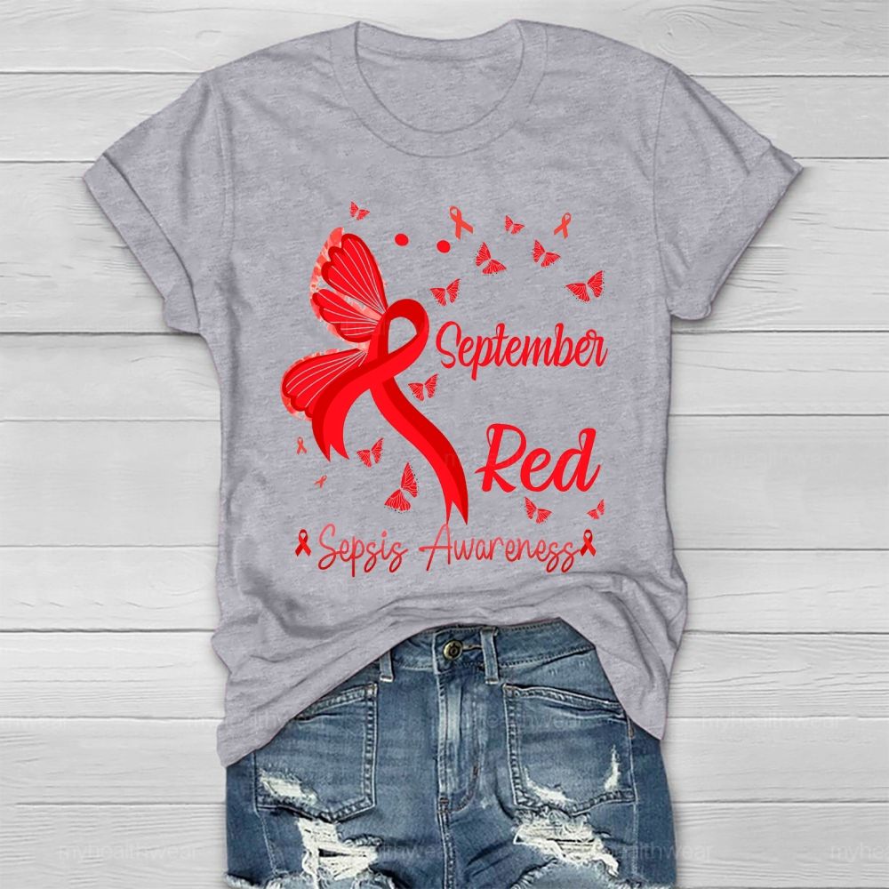 September Red Sepsis Awareness Butterfly Healthwear T-shirt