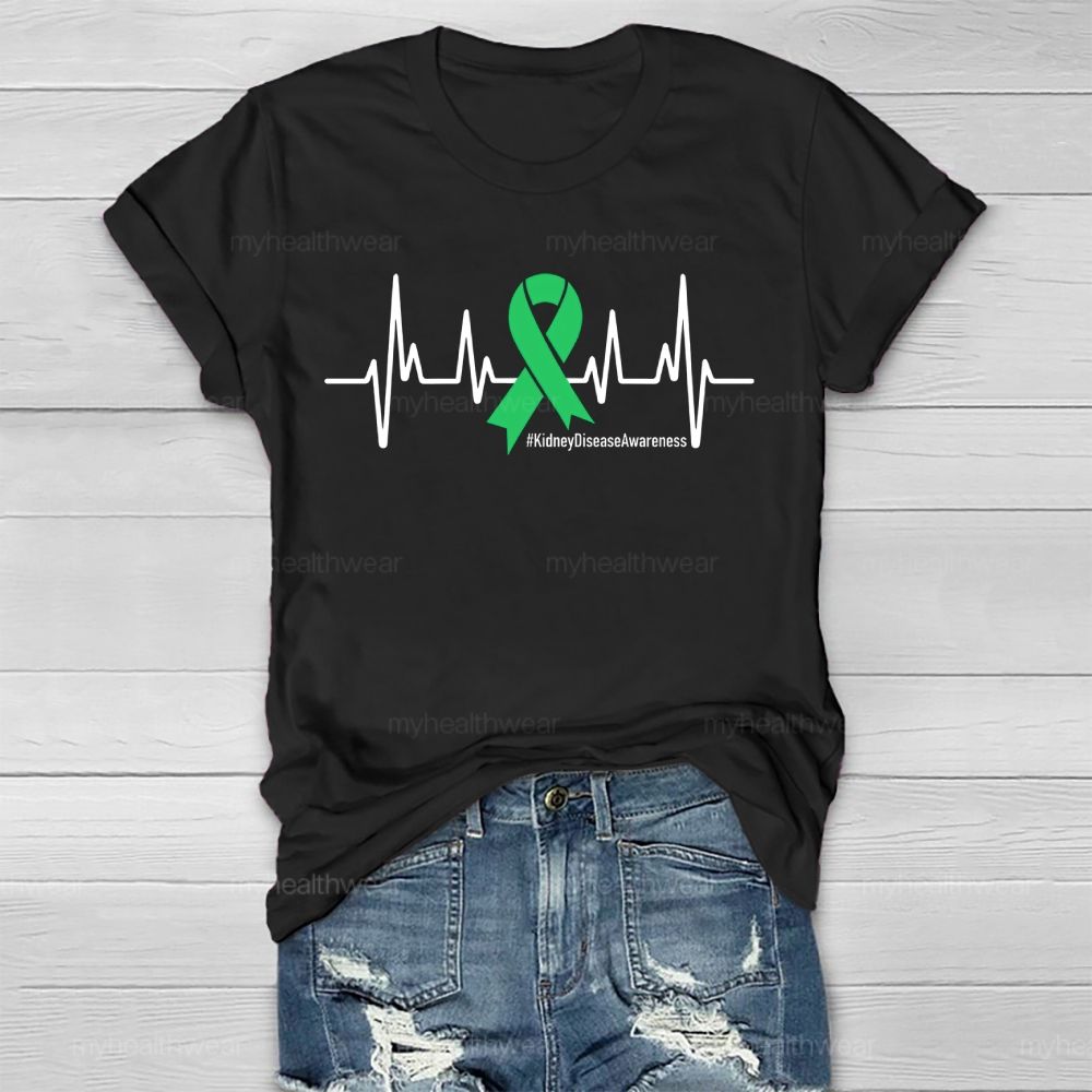 Kidney Disease Awareness Heartbeat Green Ribbon Healthwear T-shirt