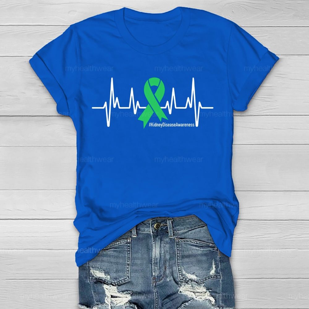 Kidney Disease Awareness Heartbeat Green Ribbon Healthwear T-shirt